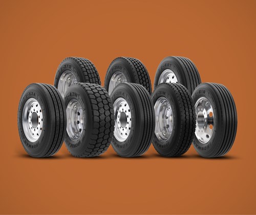 I-Series lineup of Ironman commercial tires on orange background.